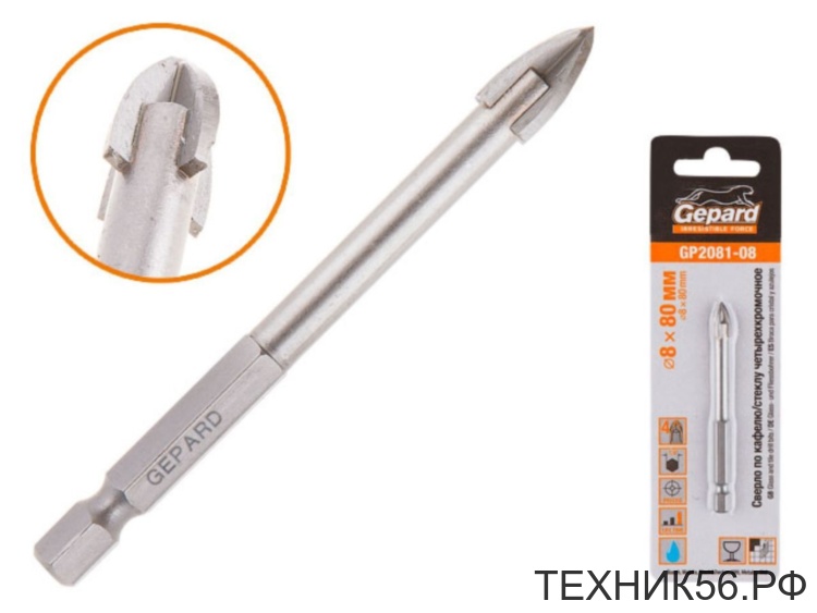 Сверло по кафелю, стеклу 8мм, 4 резца GEPARD (GP2081-08)