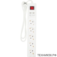 Удлинитель с выкл, 5 розетками и 2 USB-портами, 1,5м, 10А, 220В Jilion