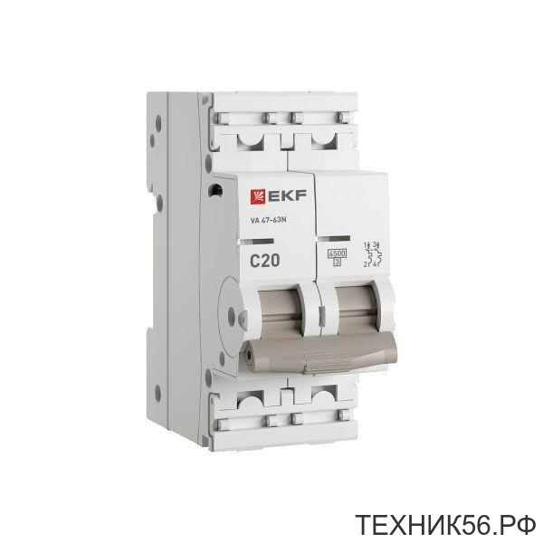 Автомат 20A, 230/400В, 2P, тип "С" ВА 47-63N M634220C EKF PROxima Автомат 20A, 230/400В, 2P, тип "С" ВА 47-63N M634220C EKF PROxima