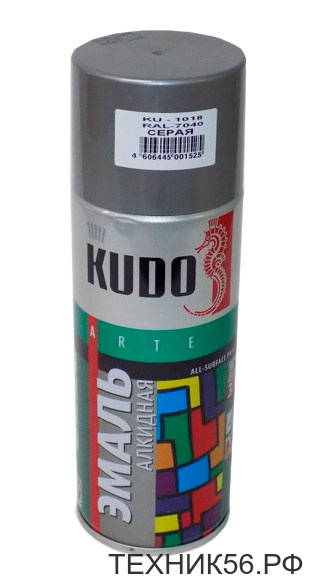 Эмаль серая глянцевая алкидная, аэрозоль 520мл RAL 7040 KUDO KU-1018