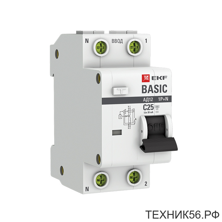 Диф. автомат АВДТ АД-12 25А/30mA 1P+N (хар-ка C, УЗО тип AC) 4,5кА DA12-25-30-bas EKF Basic